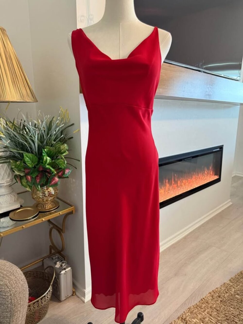 90s Red Satin Midi Dress Women Sleeveless Cowl Neck Elegant Party Evening Size L